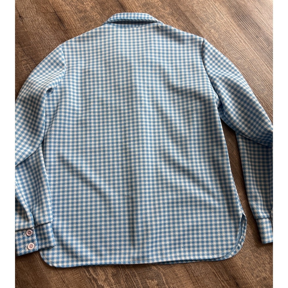 Vintage 70s Houndstooth Knit Shirt Blue Disco Wing Collar Womens M/L - Picture 9 of 10